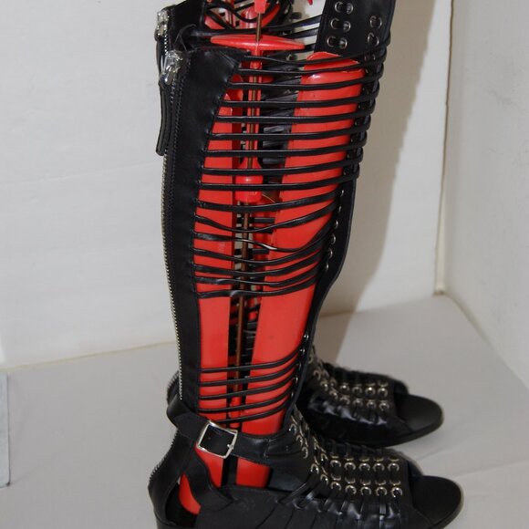 38/US8❤️ Diesel Black Gold Leather GLADIATOR Flat Heels Sandals Boots ITALY - Picture 4 of 12